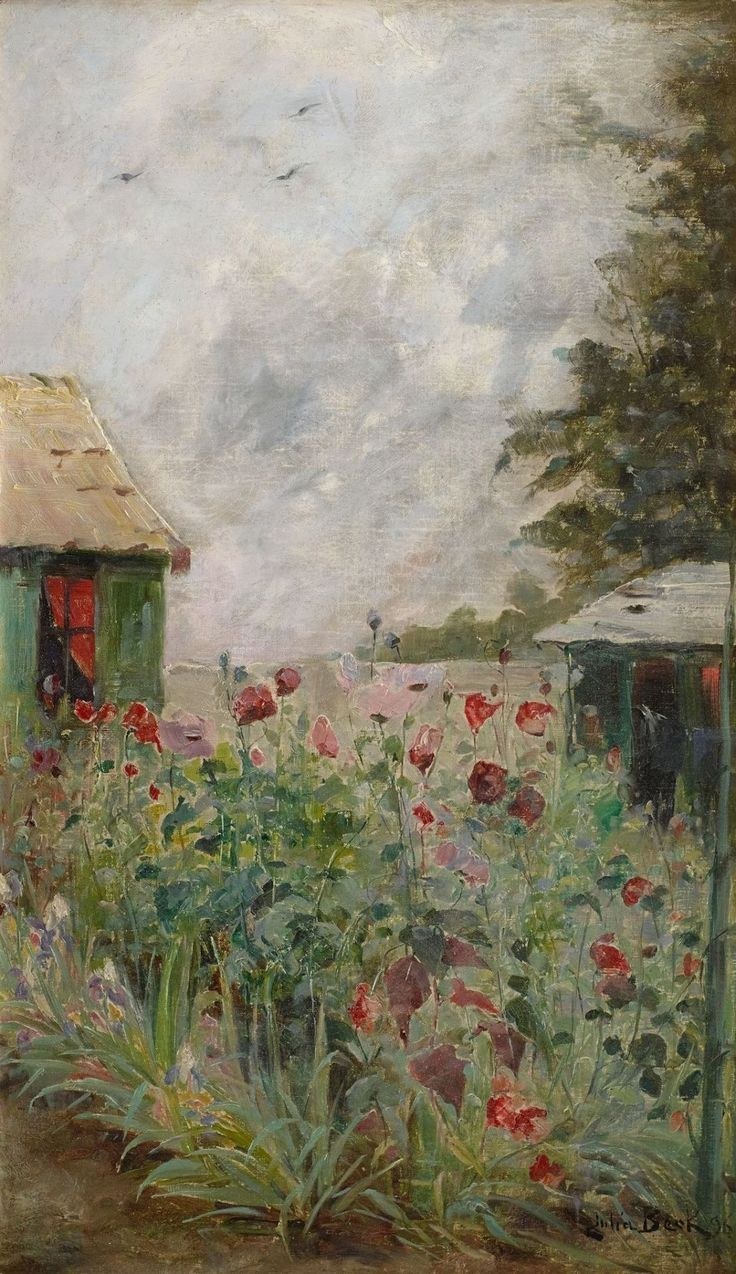 Julia Beck, Poppies in Bloom (1896), oil on canvas, a upright field study of red poppies among green grass under a soft sky.