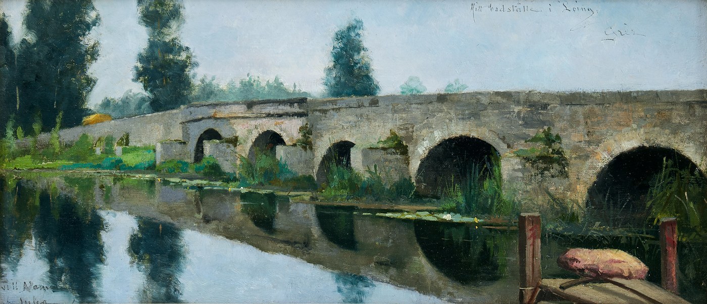 Julia Beck, The Bridge at Grez (1885), oil on canvas, the old stone bridge of Grez-sur-Loing mirrored in the calm reach of the river below.