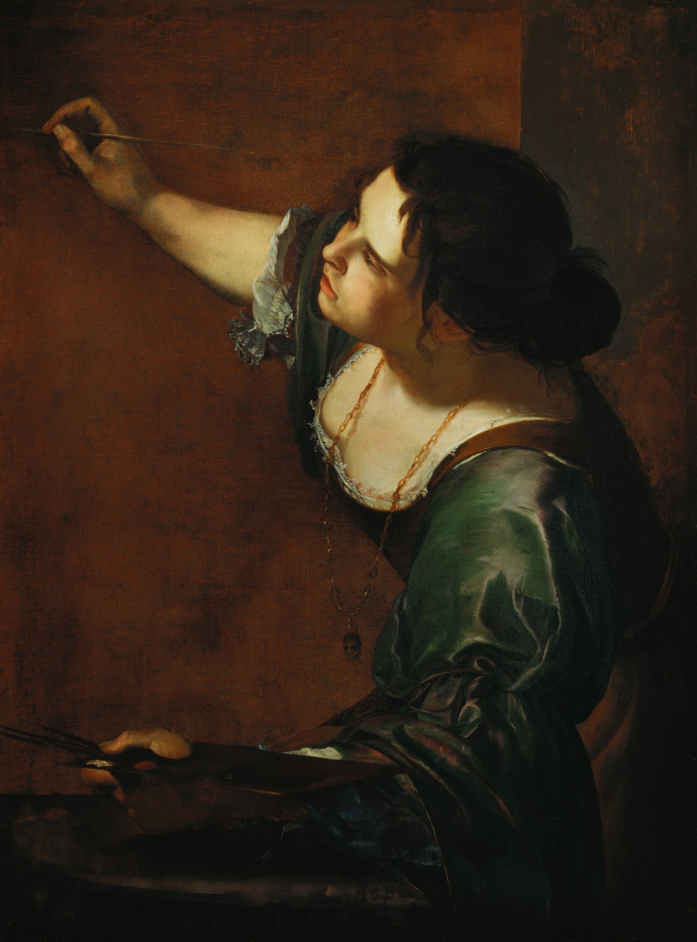 Artemisia Gentileschi, Self-Portrait as the Allegory of Painting (c. 1638), oil on canvas, a woman leaning forward with brush and palette, sleeves rolled, caught in the act of painting.