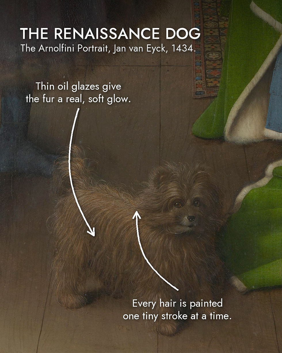 Jan van Eyck, The Arnolfini Portrait, 1434, dog detail