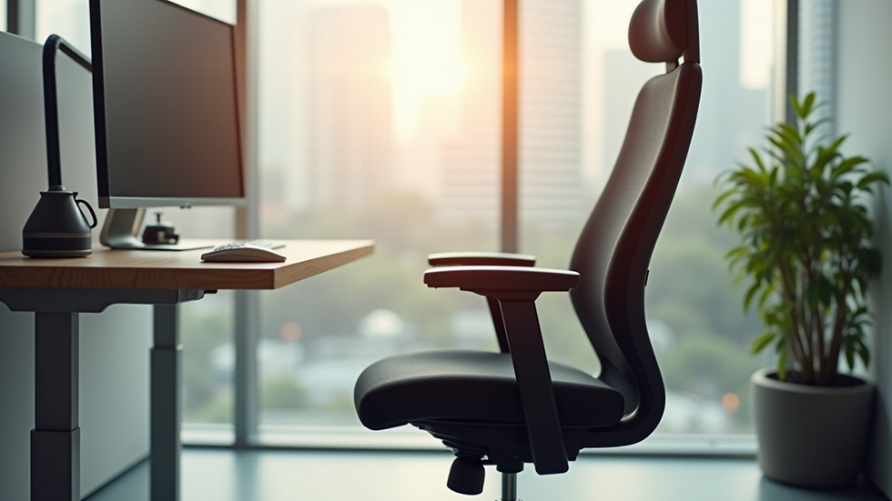 Close-up of ergonomic office chair next to a height-adjustable desk in a bright workspace
