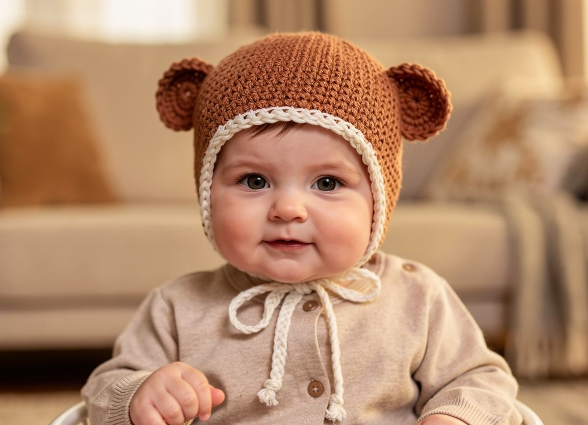 Mini Monkey Baby Bonnet-Latte with Ecru trim