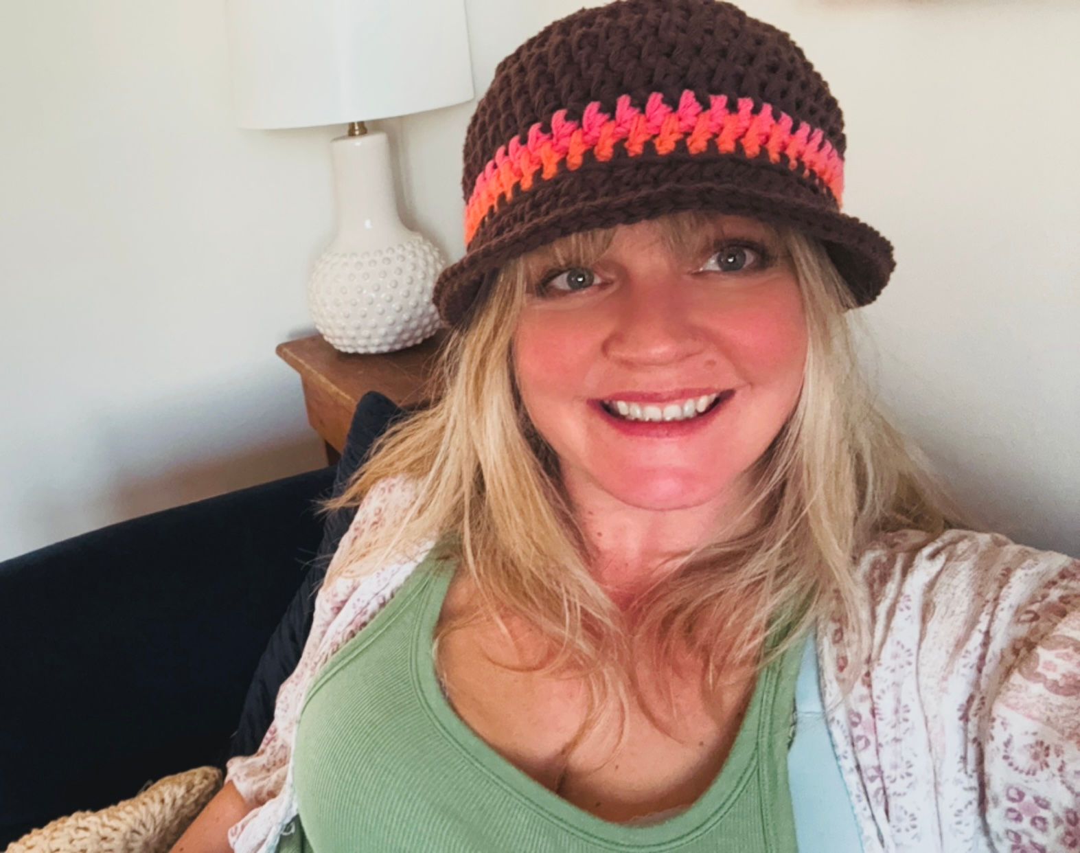 BucketHead Hat - Chocolate Brown with Coral and Orange Stripe