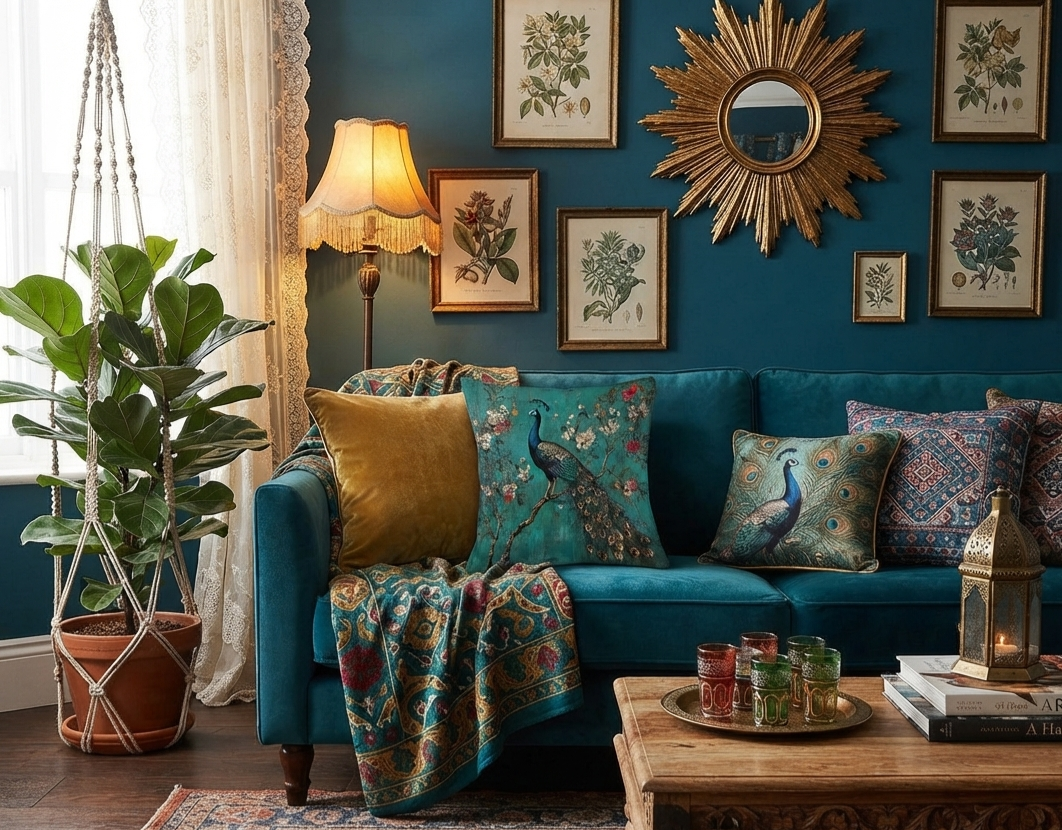 Bohemian Peacock Print Cushion Cover
