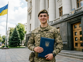 Uniformed soldier holding a blue folder smiles outside a grand building with a Ukrainian flag. Sunny day, formal mood. Відстрочка. Контракт 18-24. Військовослужбовець. Військова служба. Військовий адвокат. Юридична допомога