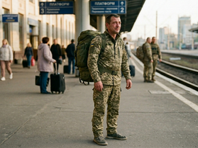 Український військовий середнього віку у піксельній камуфляжній формі та з великим тактичним рюкзаком стоїть на пероні залізничного вокзалу. Його руки вільні й опущені, а на обличчі — вираз глибоких емоцій та полегшення зі сльозами на очах. На задньому плані помітно розмиті фігури цивільних пасажирів з валізами та інших військових на фоні залізничних колій під теплим вечірнім світлом.