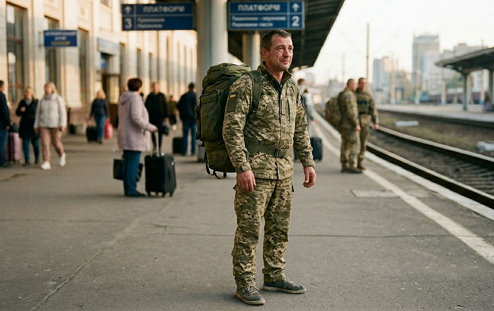 Український військовий середнього віку у піксельній камуфляжній формі та з великим тактичним рюкзаком стоїть на пероні залізничного вокзалу. Його руки вільні й опущені, а на обличчі — вираз глибоких емоцій та полегшення зі сльозами на очах. На задньому плані помітно розмиті фігури цивільних пасажирів з валізами та інших військових на фоні залізничних колій під теплим вечірнім світлом.