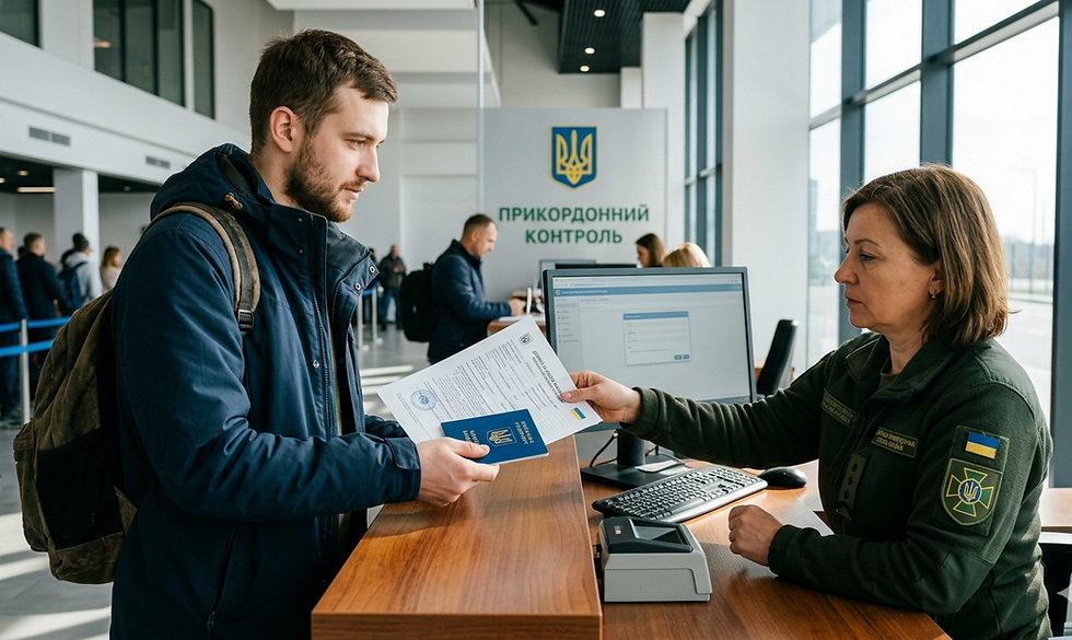 Man hands passport and papers to Ukrainian border guard at airport desk, with прикордонний контроль sign behind. Виїзд закордон. Військовий адвокат. 18-22. Мобілізація