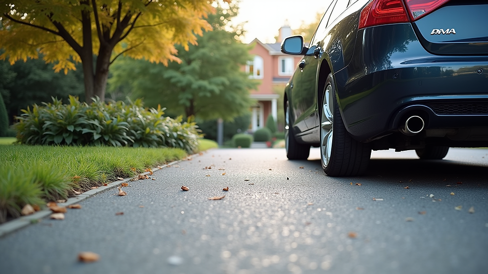 Eye-level view of a newly installed resin driveway with a modern car parked