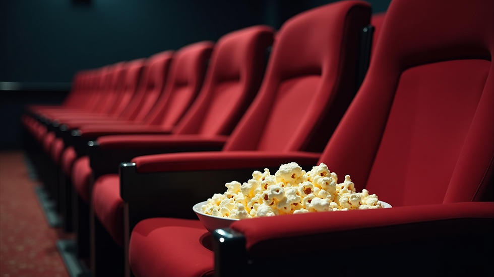 Eye-level view of a cozy movie theater seat with popcorn