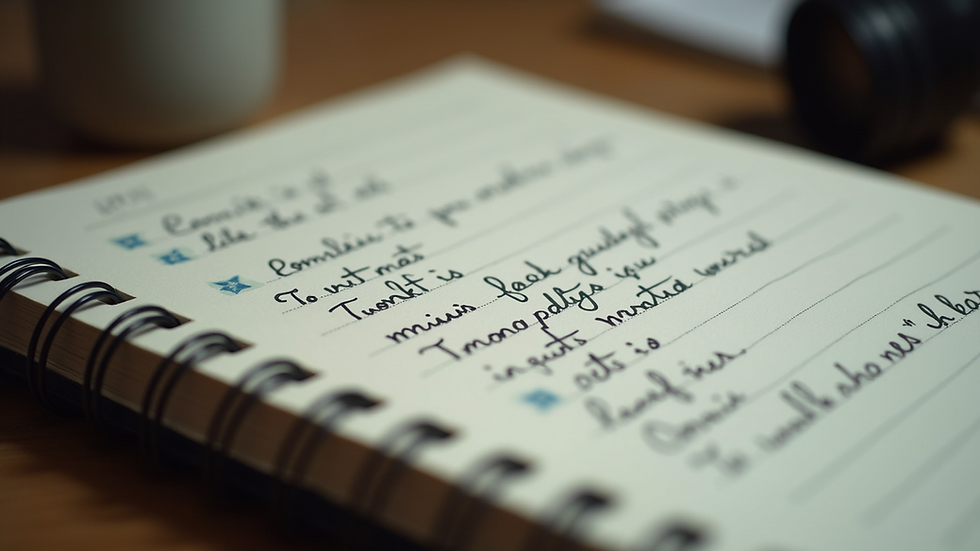 Close-up view of a notebook with handwritten movie notes