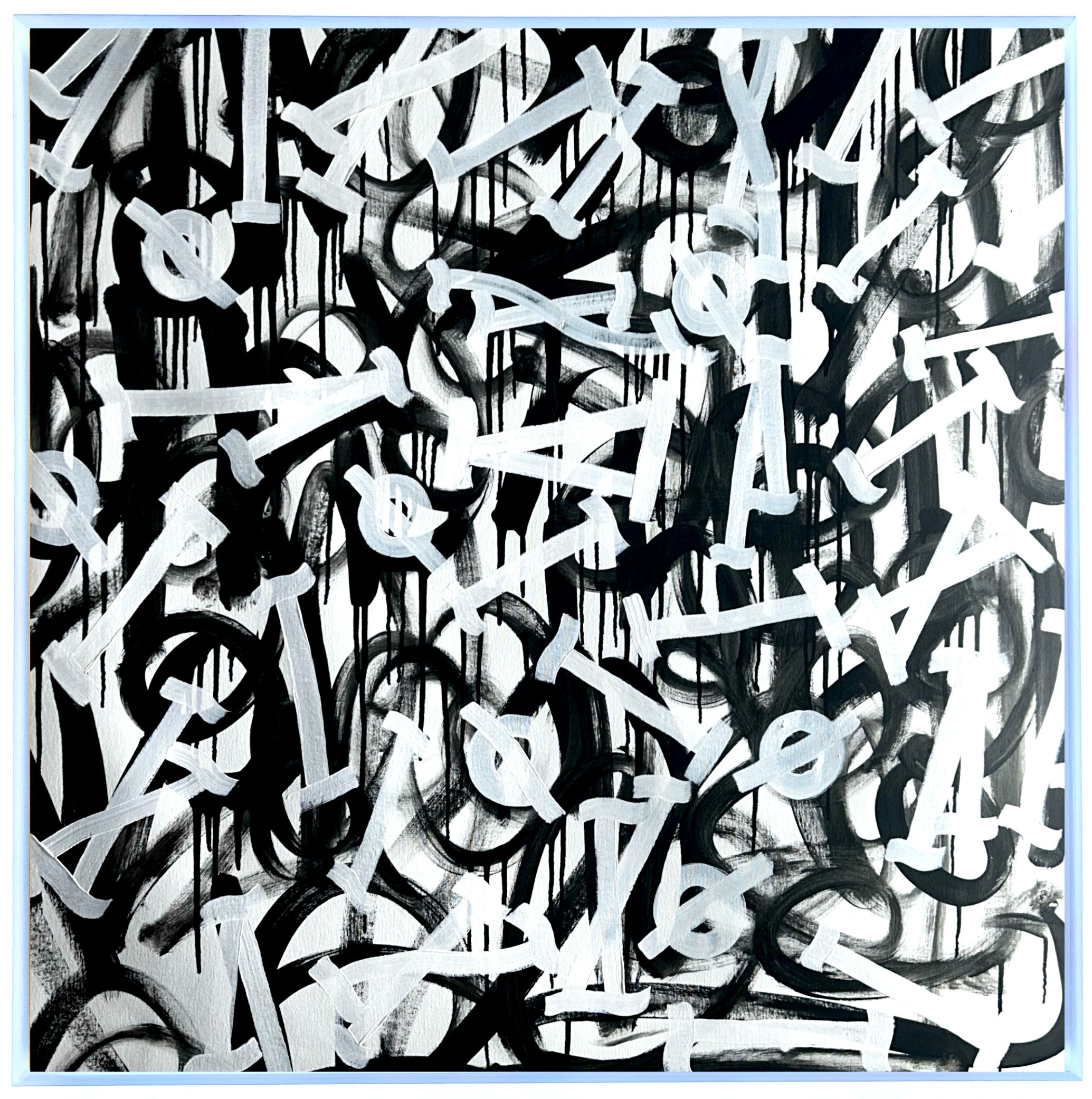 Love Language Series Abstract Artwork in black and  White, By Contemporary Artist Joseph Daniel MCCLOZKEY, in acrylic paint on canvas, completed in White custom shadow box framing. Large Scale Abstract Artwork.