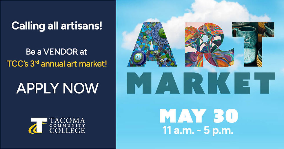 Calling artisans! Apply now to be a vendor at TCC's 3rd annual art market on May 30, 11 a.m.-5 p.m. Colorful "ART" letters, blue sky.