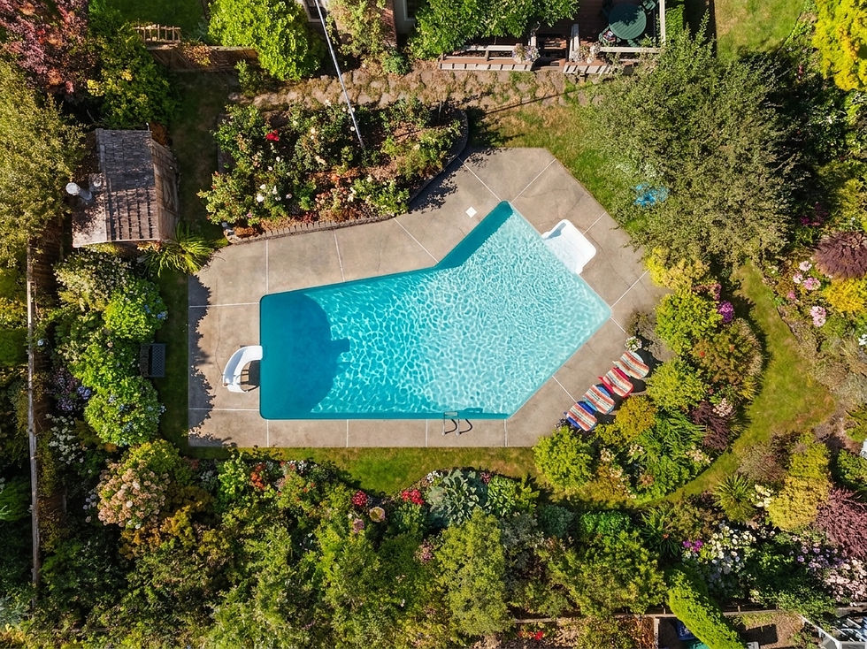 Aerial view of a backyard pool surrounded by lush gardens and striped lounge chairs on a sunny day