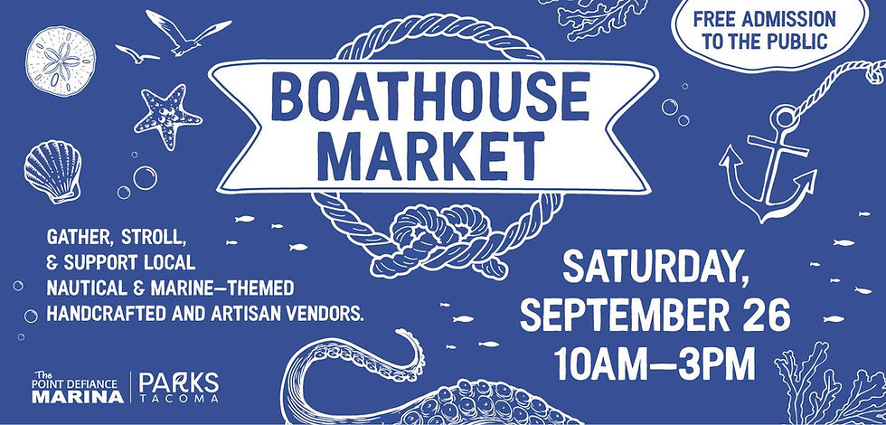 Blue poster for Boathouse Market with anchors, shells and sea creatures; free admission, Saturday Sept. 26, 10AM-3PM.
