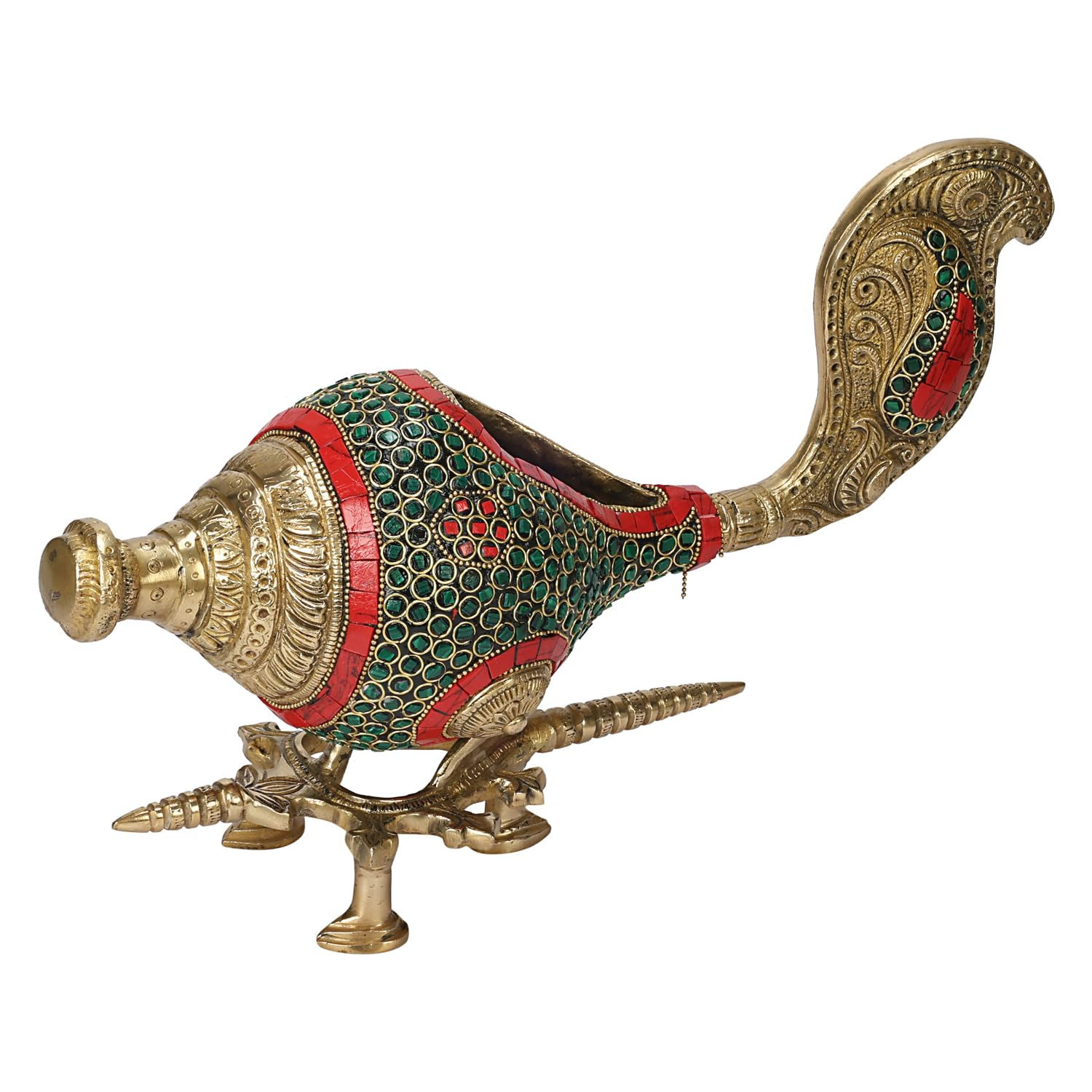 14 Inch Shell Brass Shankh with Stand and Stone Work Showpiece