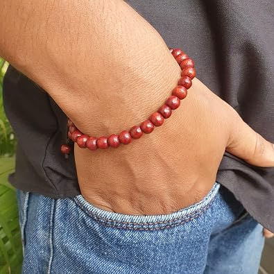 Thumbnail: Vrindavan Handicrafts - 6mm Natural Red Chandan Beads Bracelet