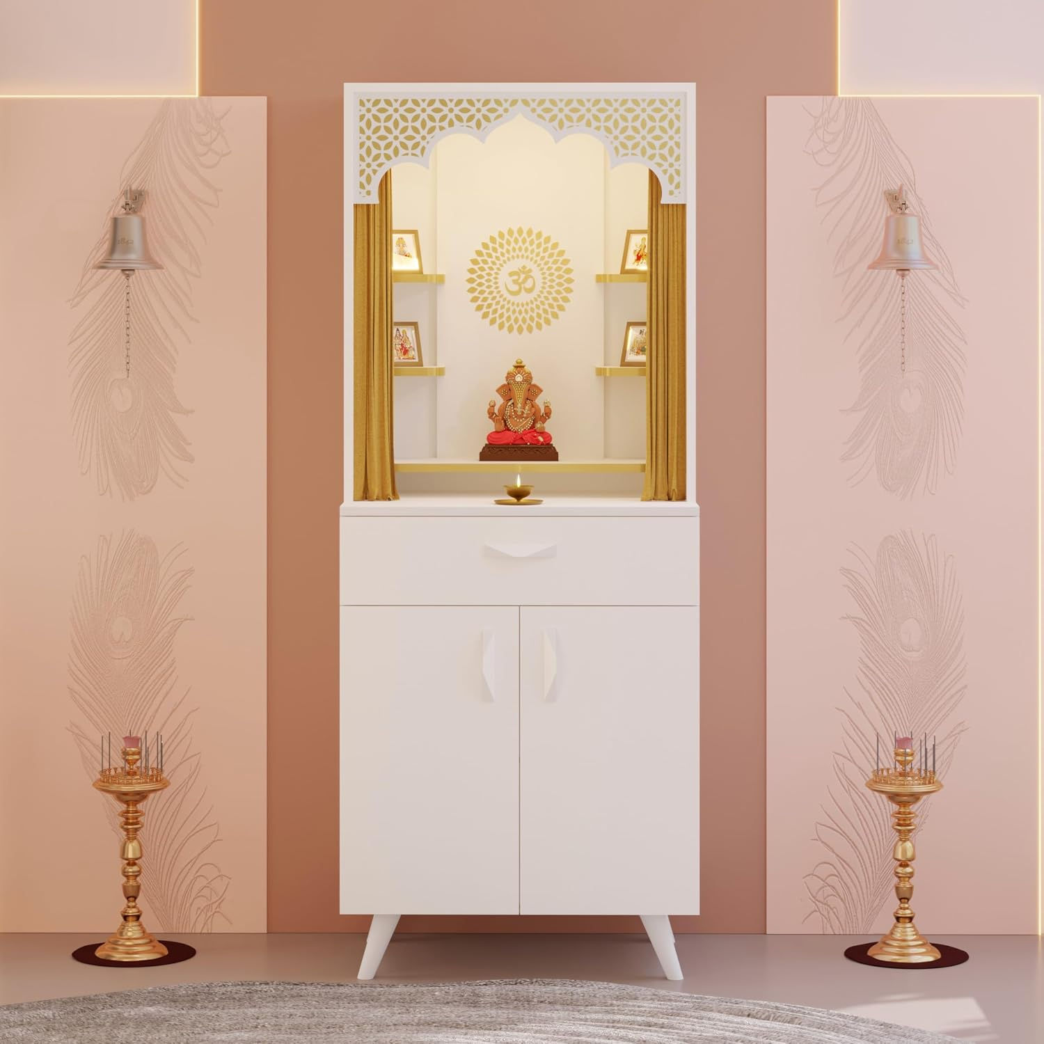 Big Size Temple Cabinet, Pooja Stand, Doors, Drawer & Golden Curtain