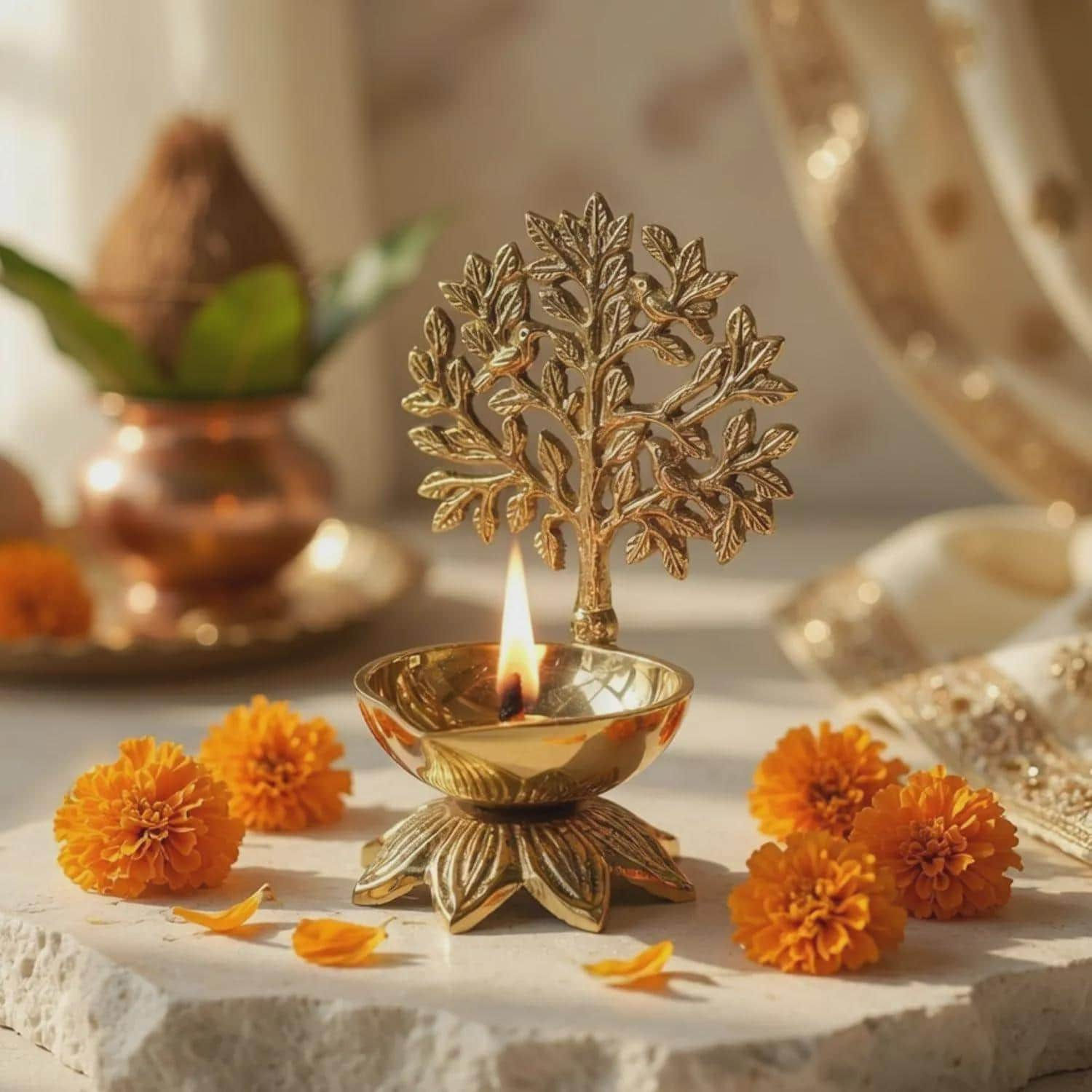 WOODEN TEMPLE STORE Premium Brass Kalpavriksha Tree Diya