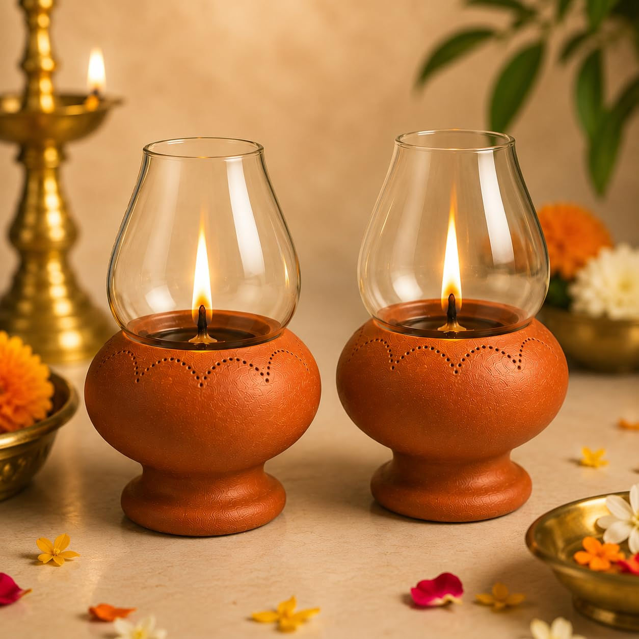 Traditional Handmade Puja Oil Lamp with Glass Lid | Pack of 2