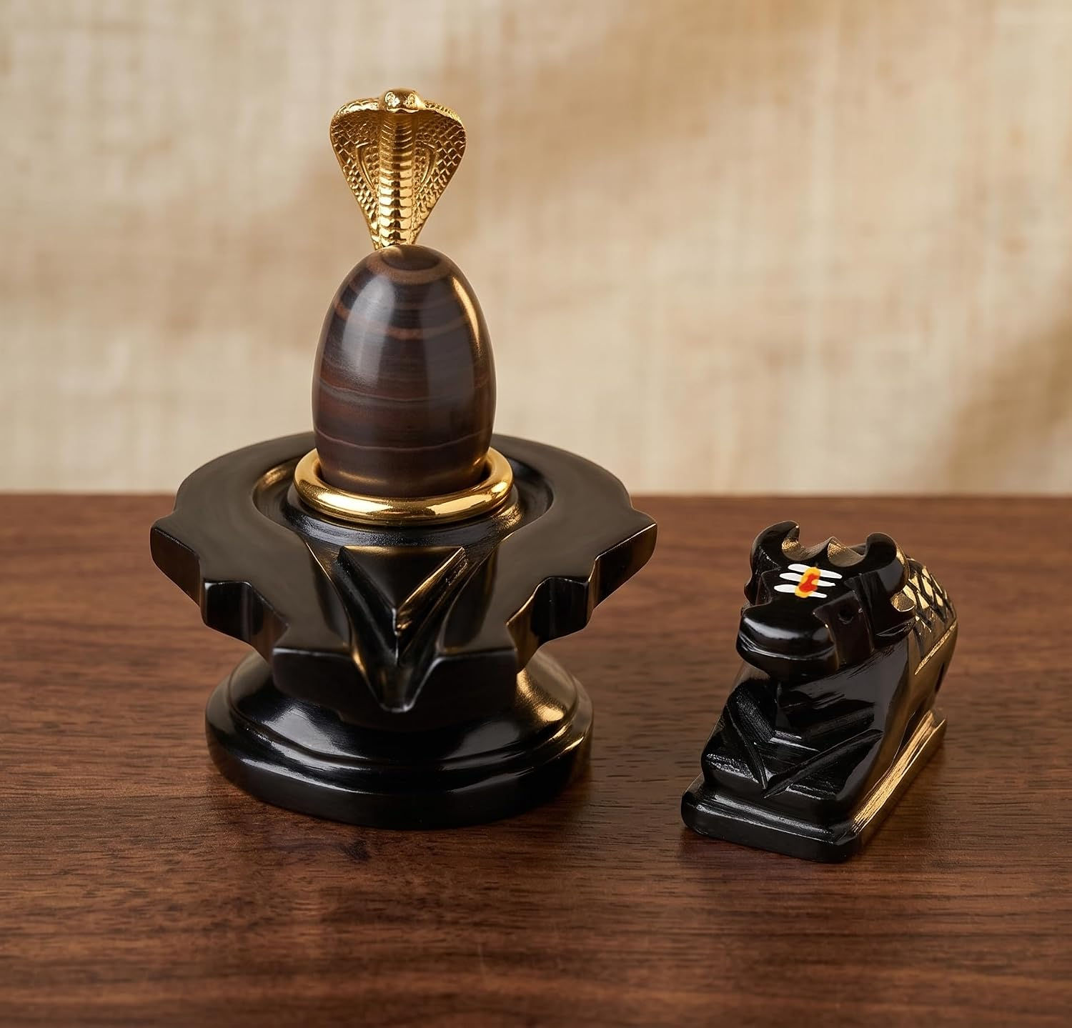 Narmadeshwar Shivling with Golden Brass Snake & Stone Nandi Set, 3 Inches