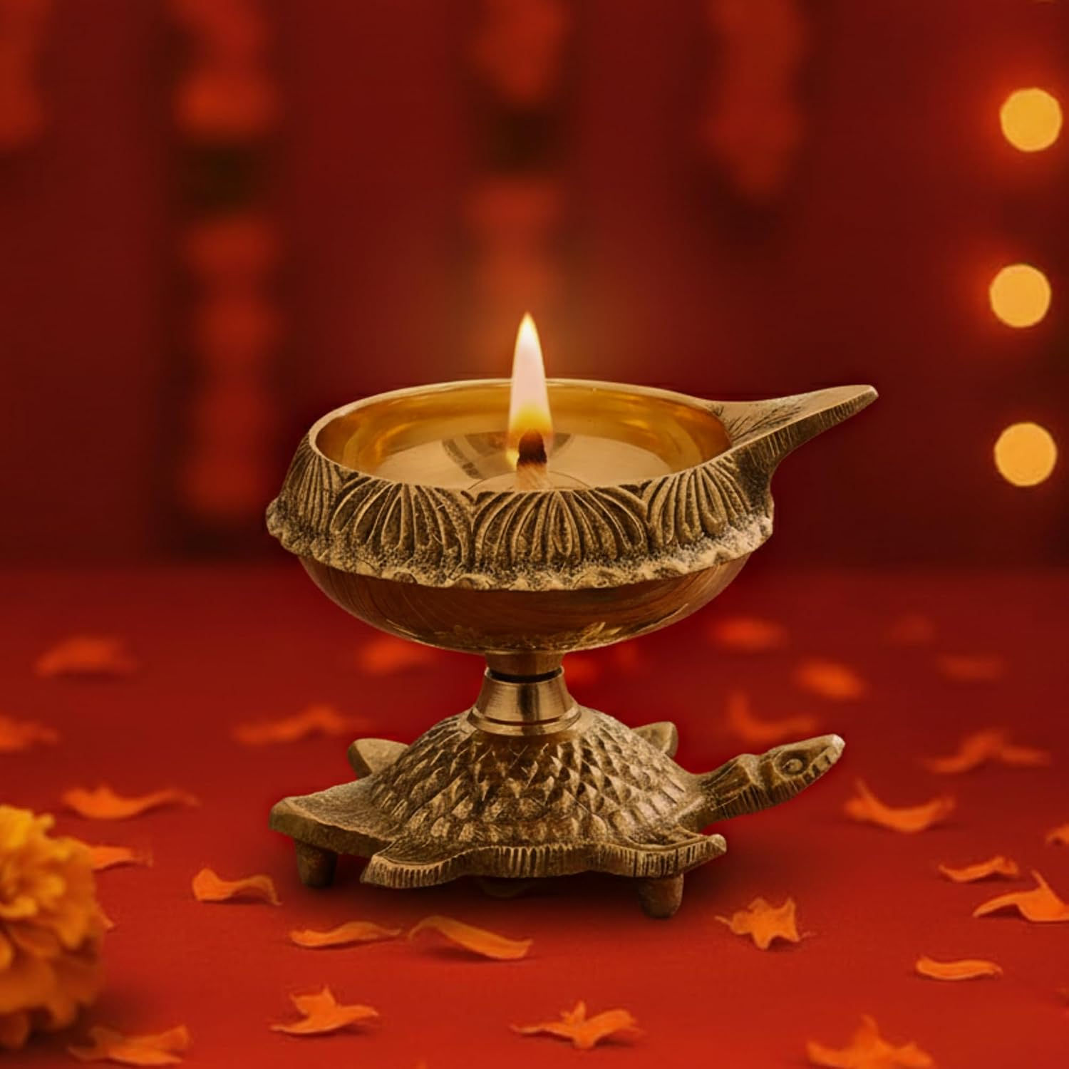 Brass Diya Oil Puja Lamp Engraved Design Dia with Turtle Base