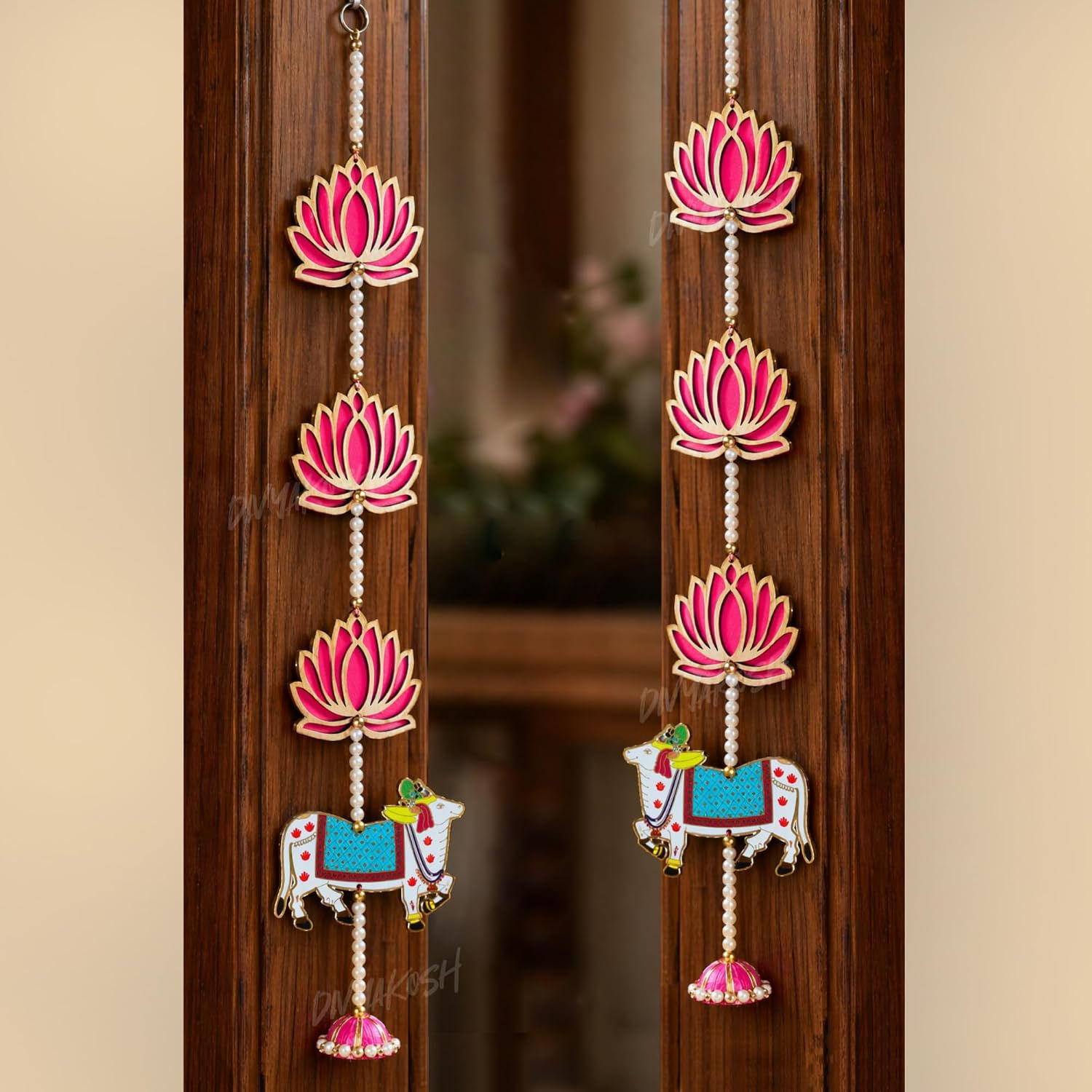 MDF Lotus Cow Bandhanwar Festival Hanging, 25 Inch(Set of 2)