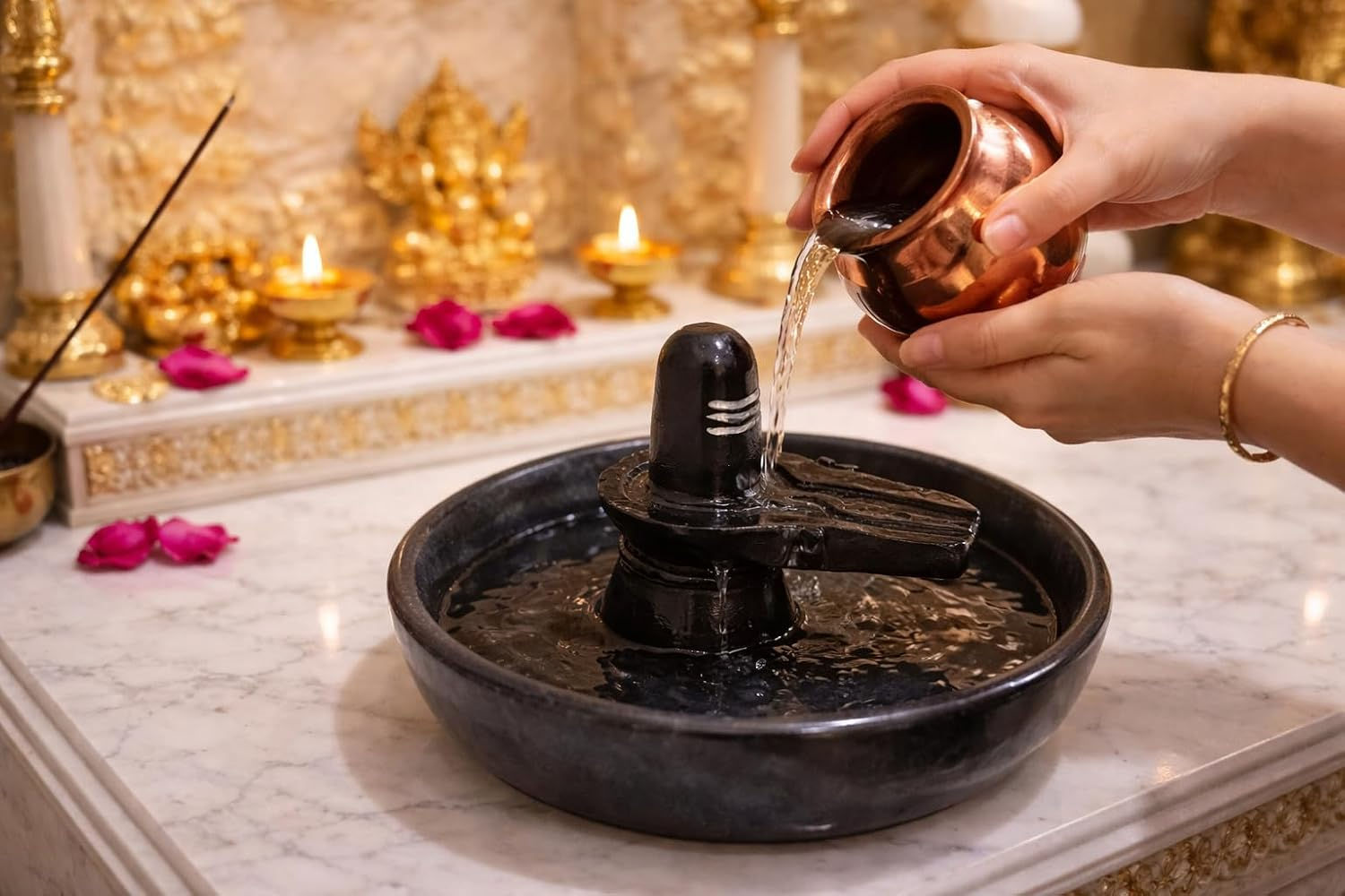Marble Resin Shivling with Marble Jaladhari Bowl (5 Inch) Black Shivlingam