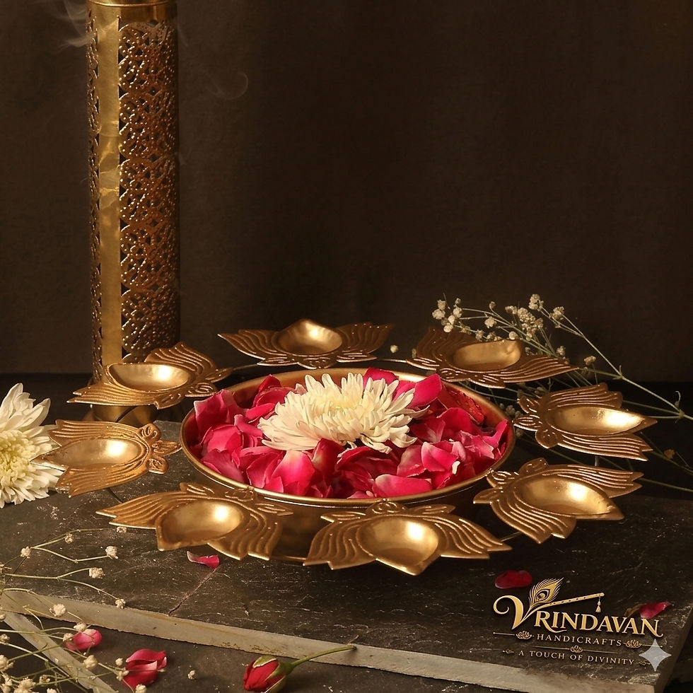 Thumbnail: Vrindavan Handicrafts - Royal Lotus-Shaped 8-Diya Metal Urli Plate