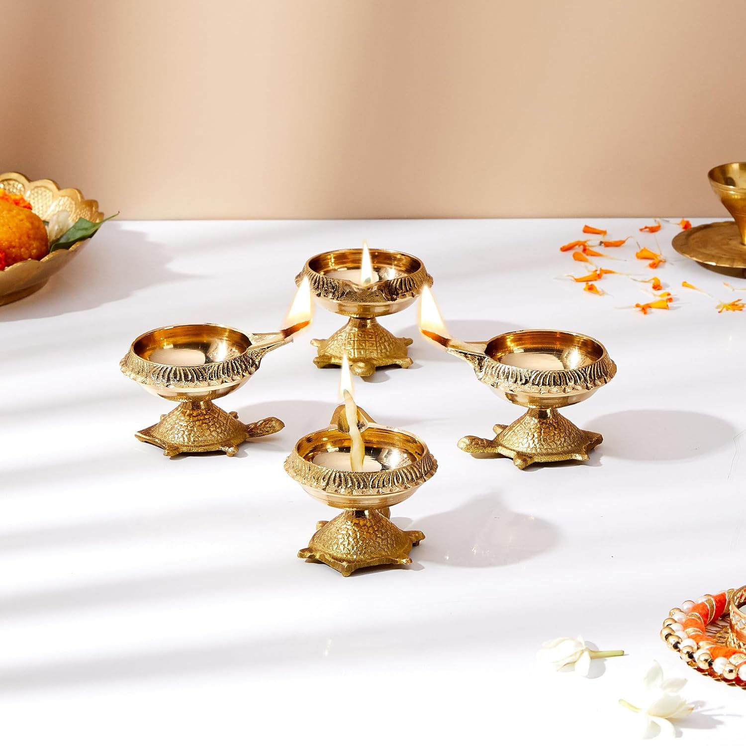 Brass Kubera Diya with Turtle Stand | Set of 4| Size: 7 x 6 x 4.5 cm Each