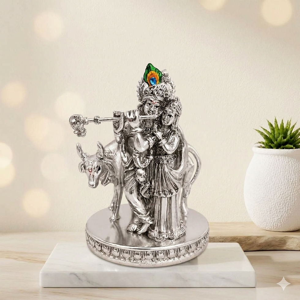 Thumbnail: Vrindavan Handicrafts - 999 Silver Radha Krishna Idol with Cow - 4 Inch