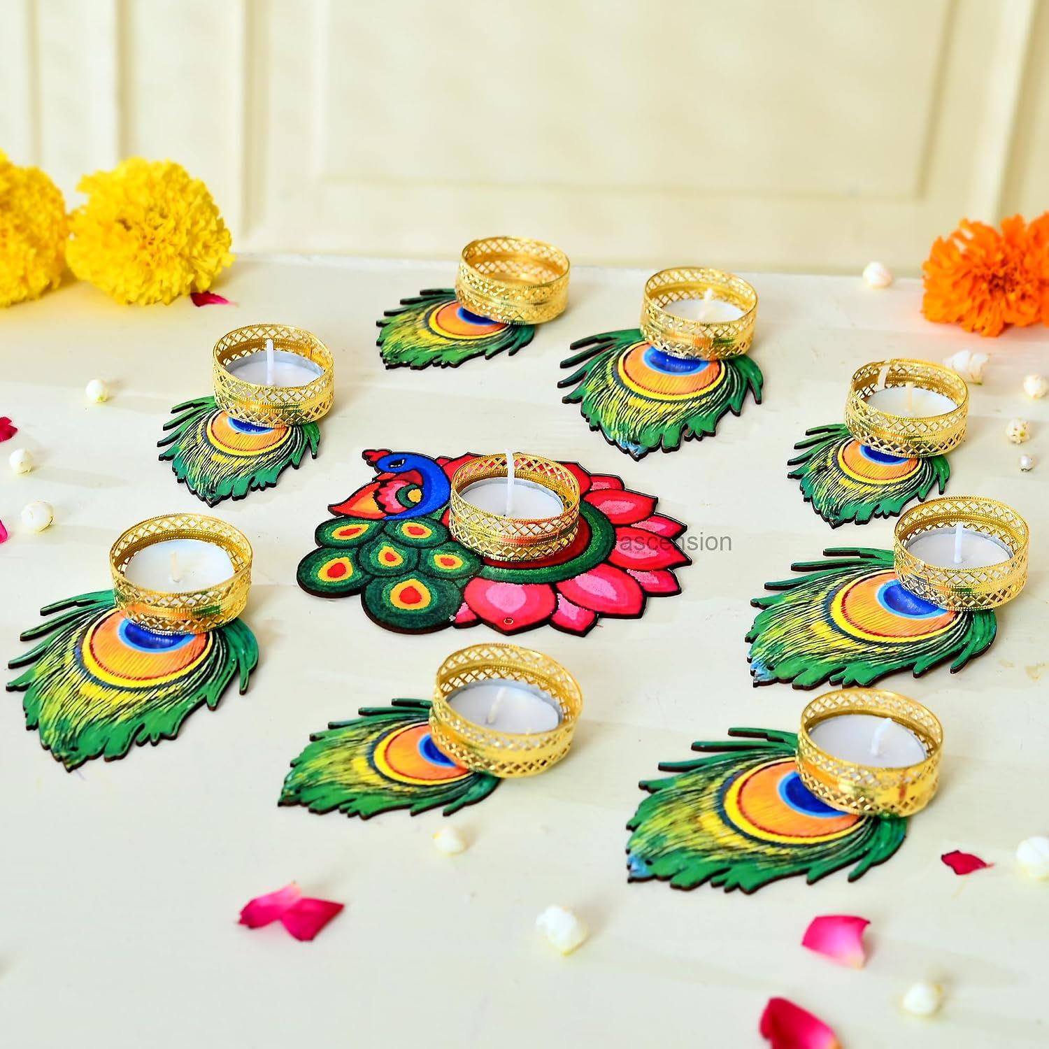 Decorative Peacock Tealight Candle Holder Stand Set of 9
