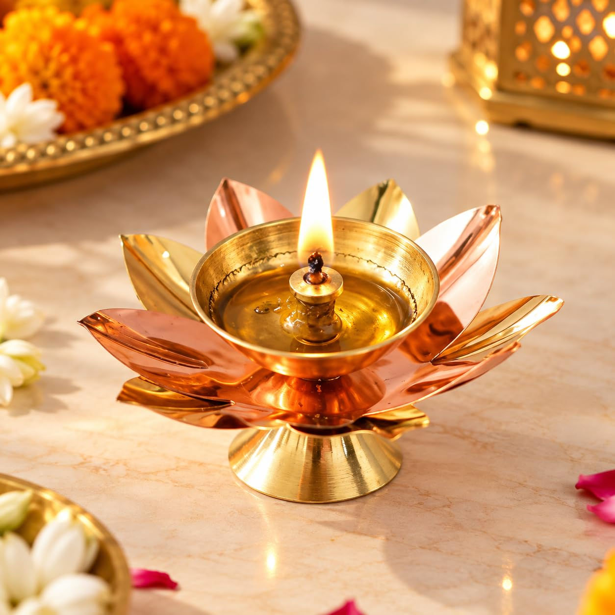 Golden Lotus Flower Shape Decorative Brass Diya