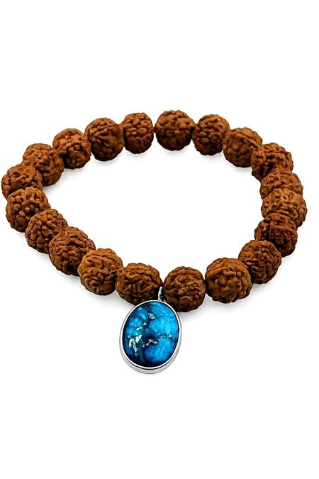Natural Rudraksha Bracelet with Genuine Firoza (Turquoise) Gemstone Pendant