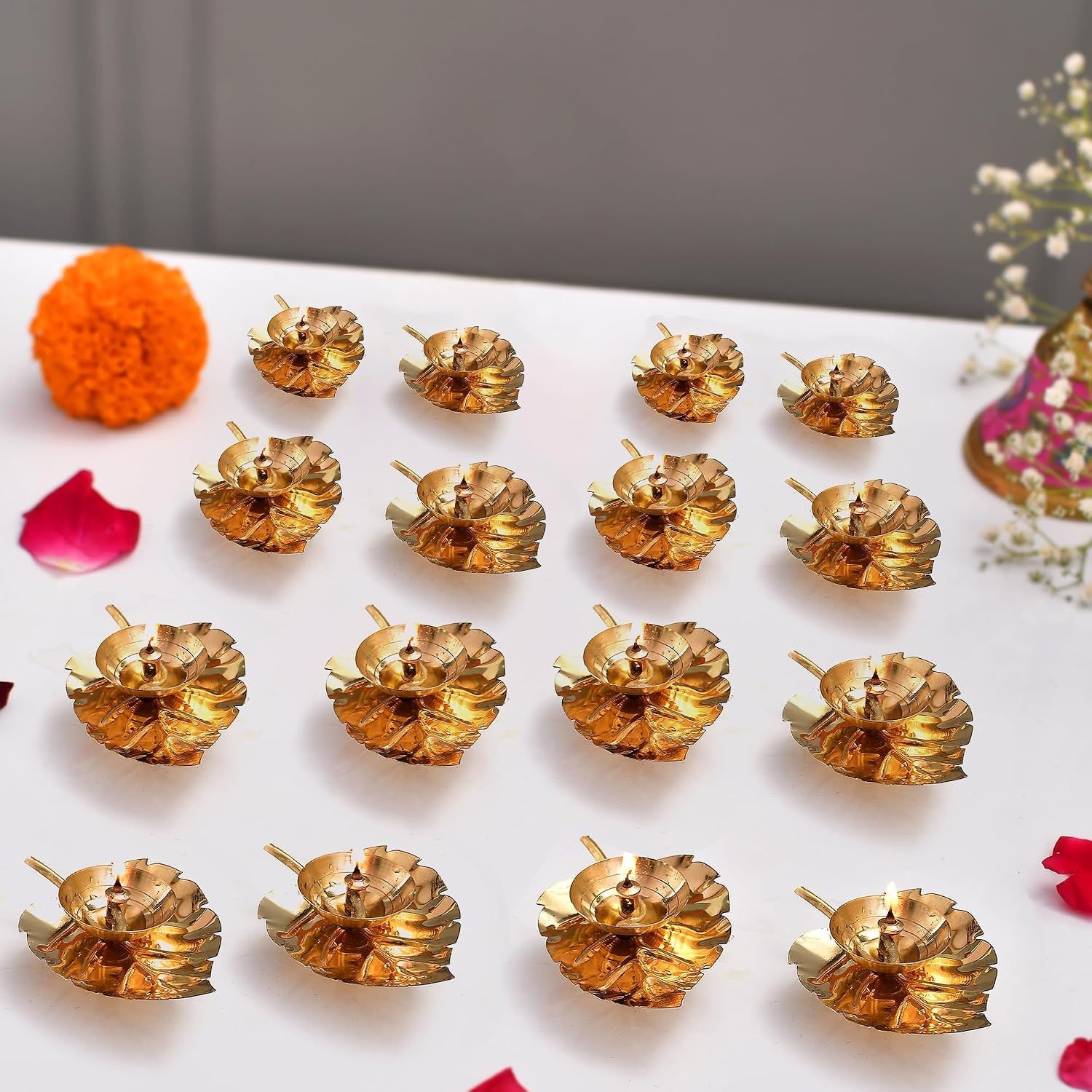 Leaf Brass Diya Set of 16