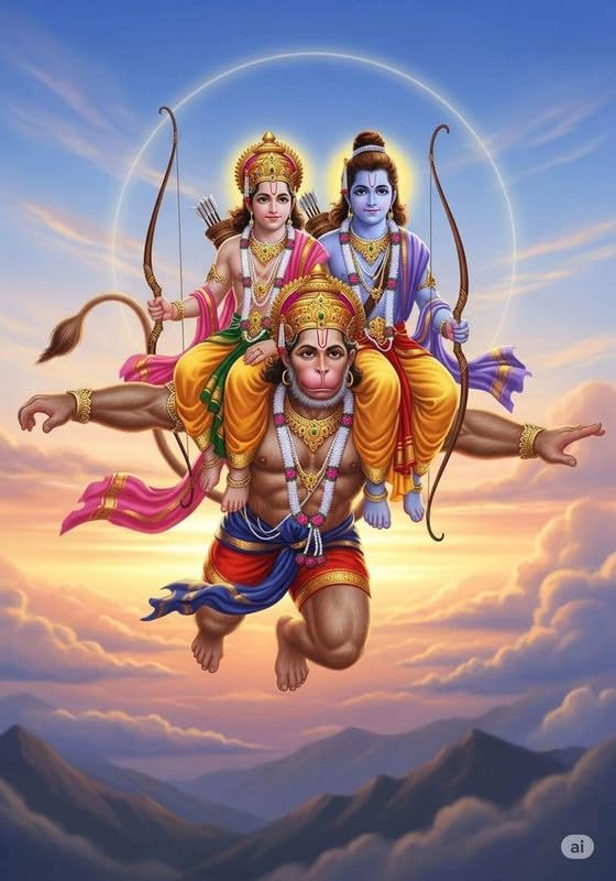 Hanuman Ji Flying with Ram Lakhan Framed Scenery Wall Art, 8x12 Photo Frame