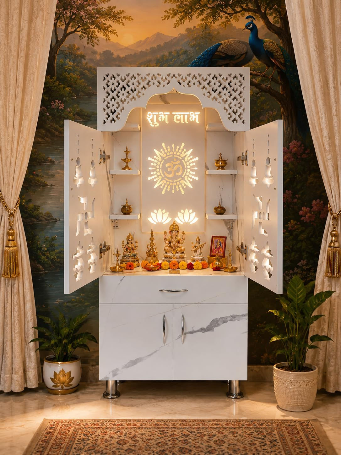Home Temple Pooja Mandir with LED Light 51x24x13 Inch, Om Symbol Design
