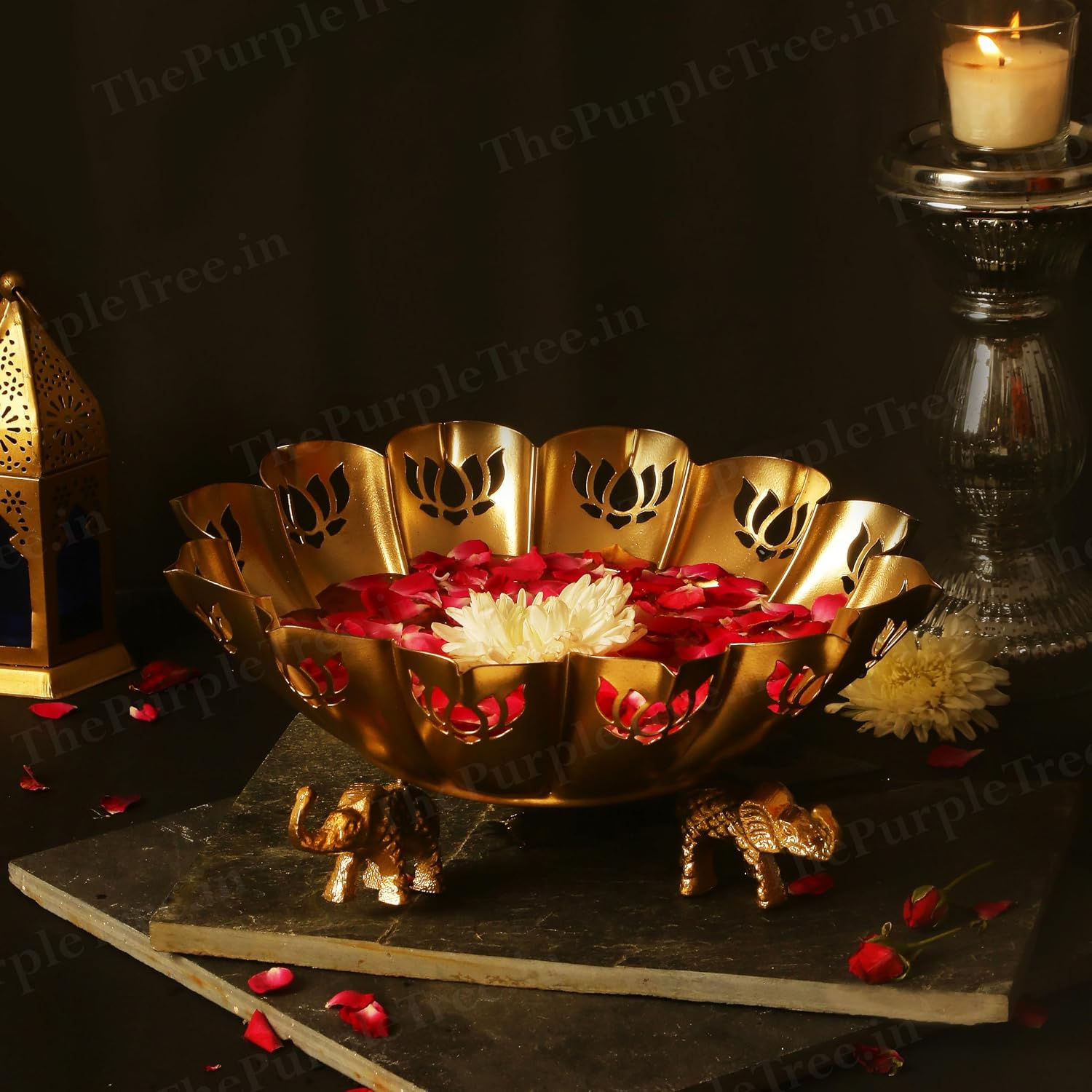 Lotus Metal Design Urli Bowl with Elephant Stand