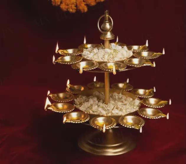 Thumbnail: Majestic Multi-Tier Brass Diya Stand with Urli Basins