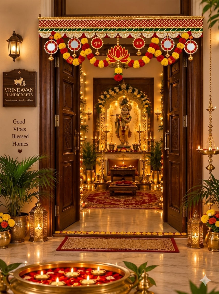 Decorative Door Toran with Lotus, Shubh Labh 42 x 14 Inch with kundan Stones