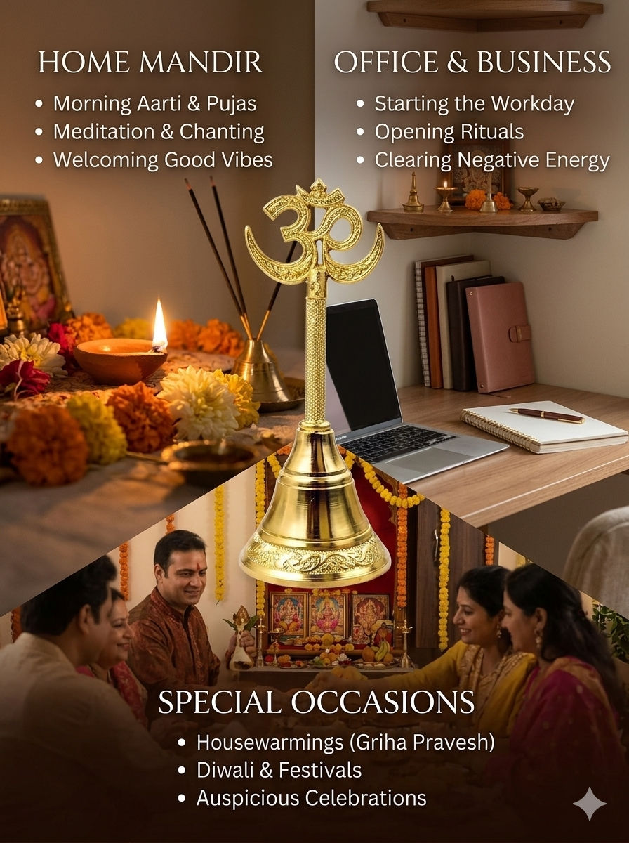 Thumbnail: Vrindavan Handicrafts - Traditional Om Hand Bell 6D x 6W x 16H Centimeters