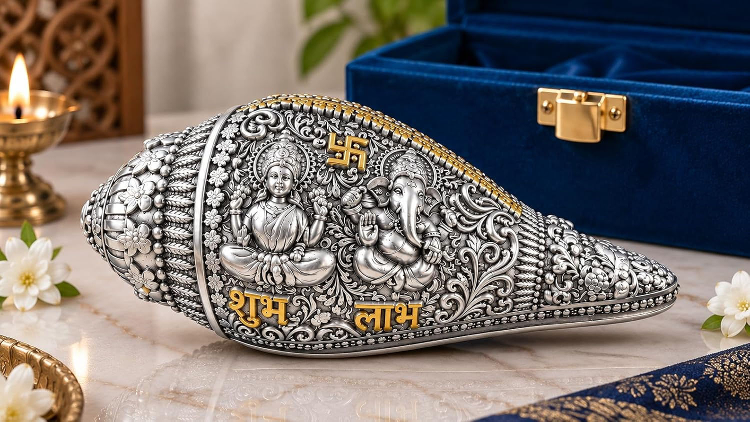 999 Sterling Silver Plated Shankh With Laxmi Ganesh Design