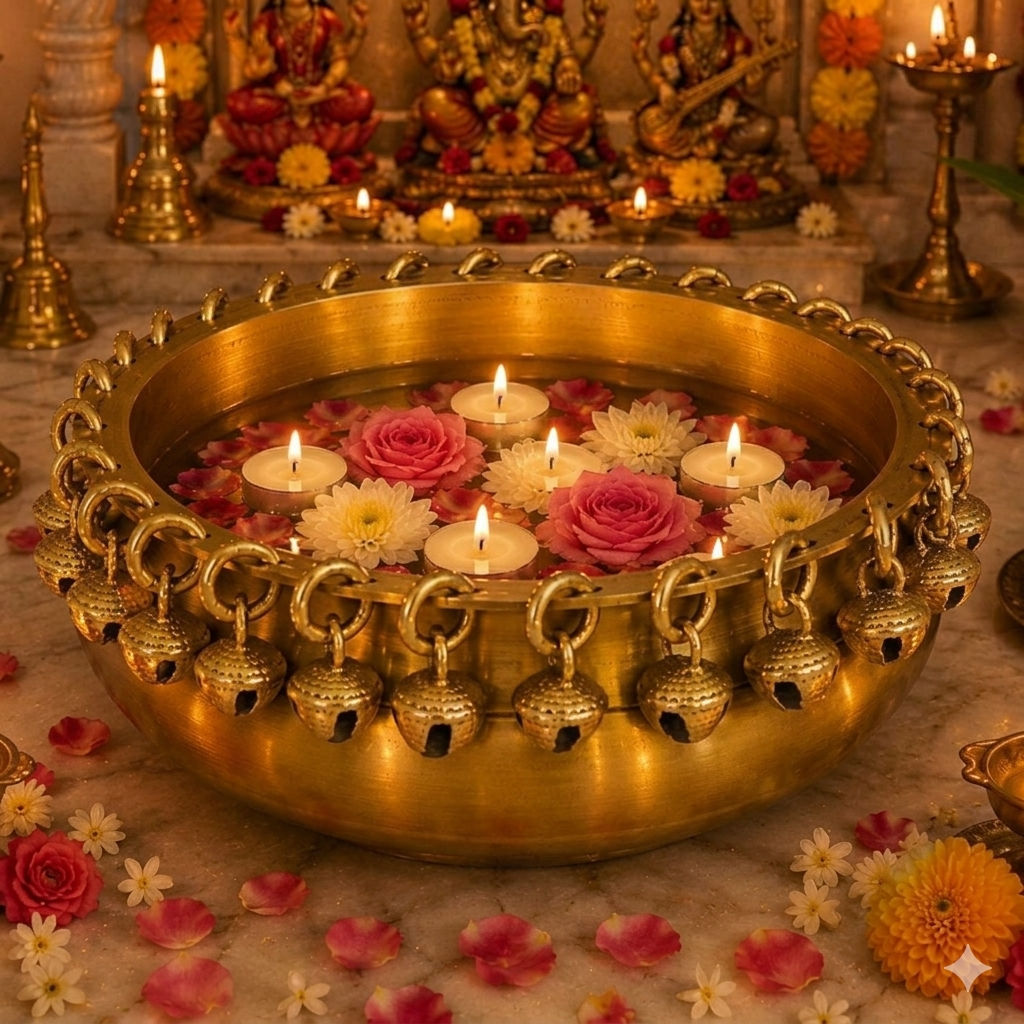 Vrindavan Handicrafts Premium Plain Brass Urli Bowl with Hanging Ghungroo Bells