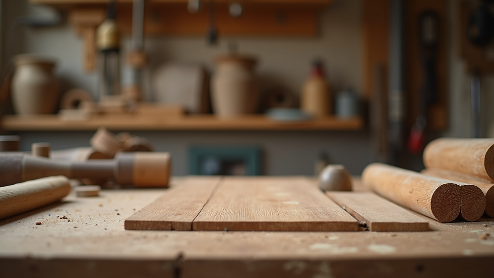 Eye-level view of a wooden workshop table with tools and wood pieces