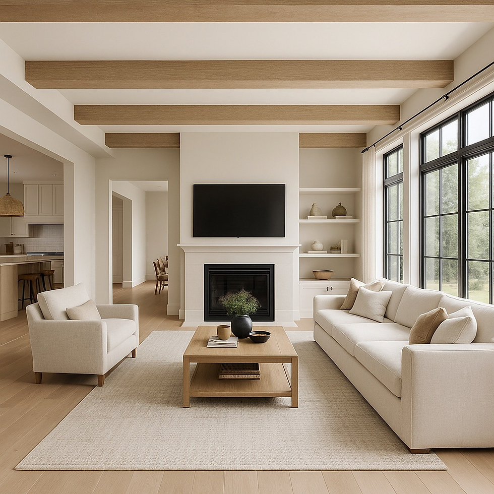 Living room featuring a sofa, armchair, fireplace, and White Oak Box Beams.