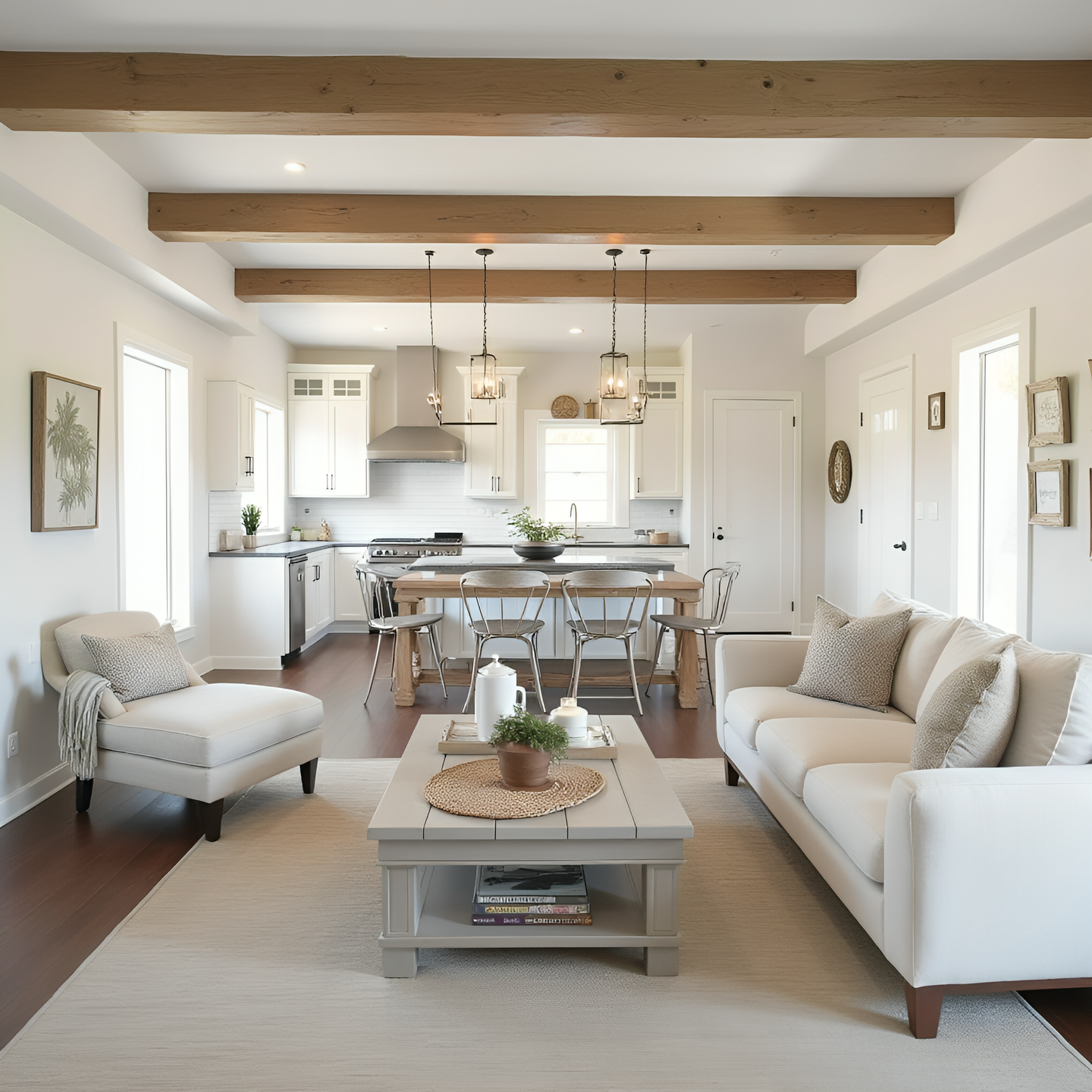 Open living room with exposed wooden beams, white sofas and a kitchen