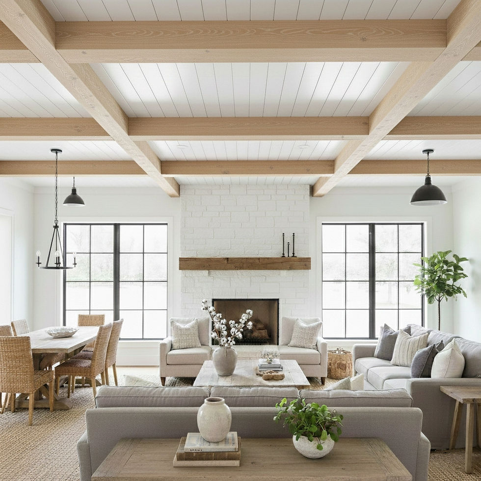 Thumbnail: Bright modern living room, dining area, white fireplace, wooden ceiling beams.