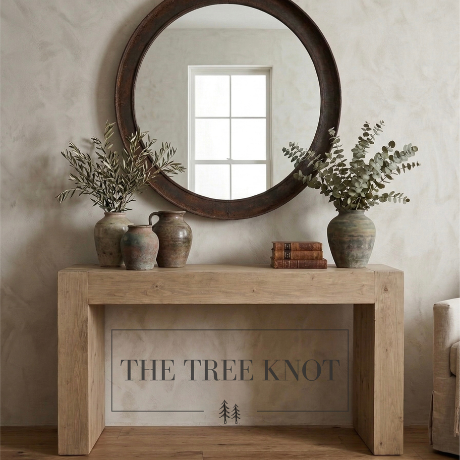 Light wood console table displaying 'THE TREE KNOT' text, round mirror, greenery.
