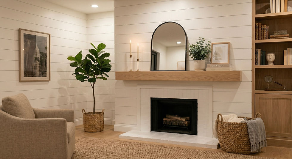 White oak fireplace mantel in cozy living room