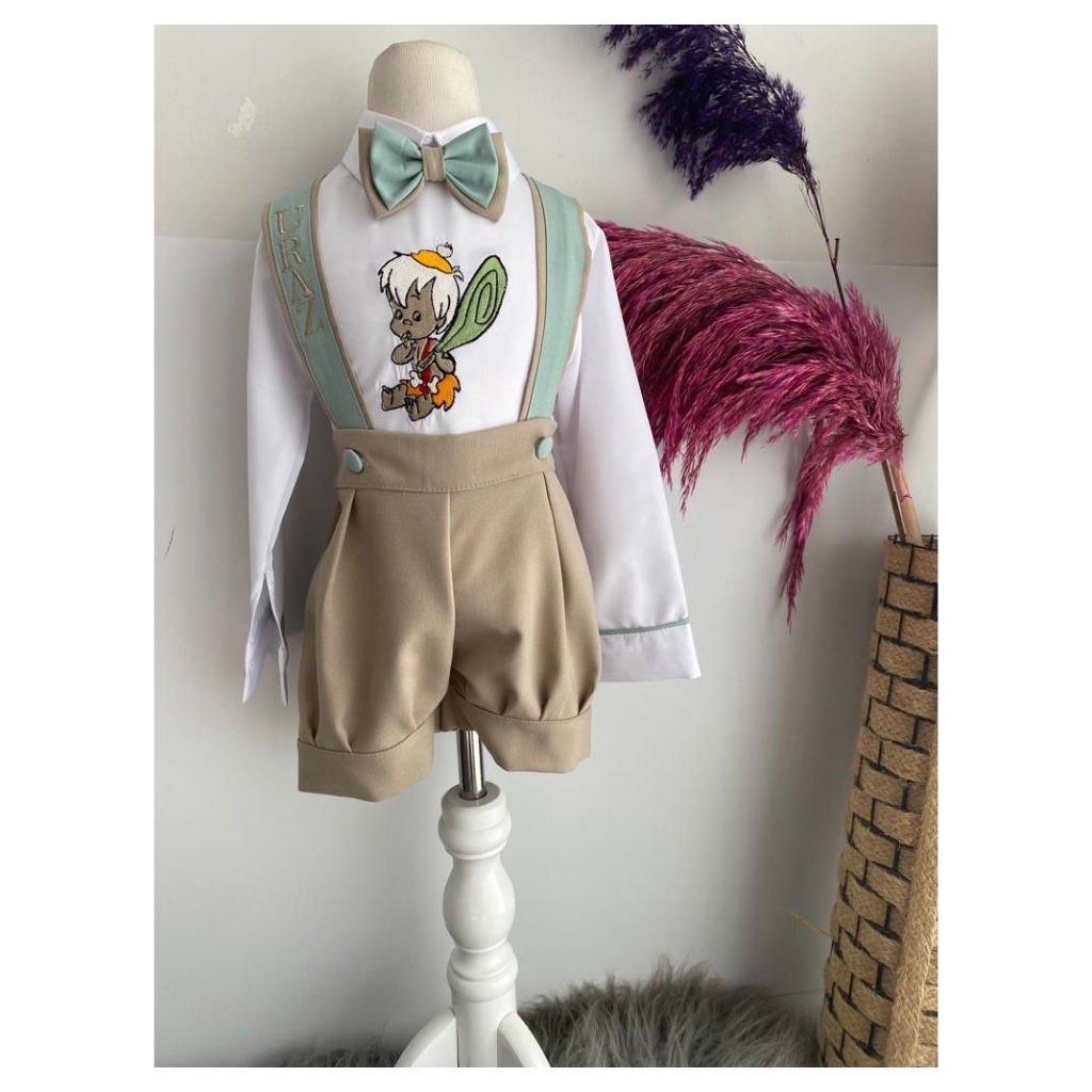 Costume brodé pour petit garçon, beige et vert sauge